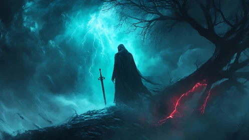 Cloaked figure studies stormlit sword amid bifurcated energy rift