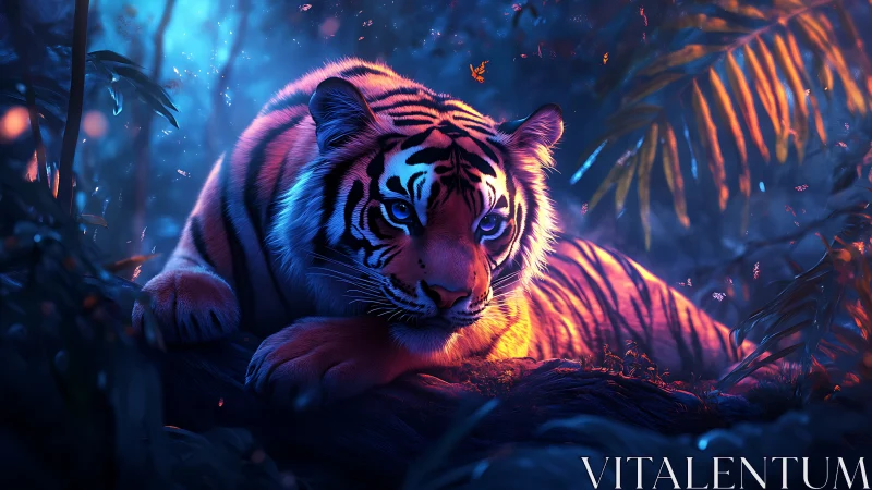 Luminous tiger rests in neon jungle glow at mystical twilight