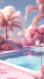 Dreamy pink palm poolscape under cotton candy clouds.