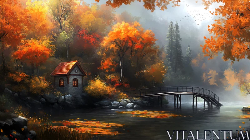 Autumn forest riverside cabin with arched footbridge and mist layering