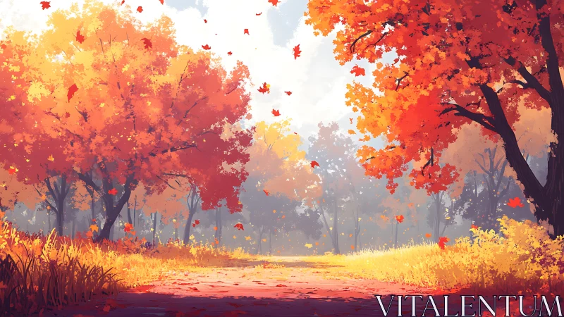Digital autumn woodland scene depicts trees with orange foliage