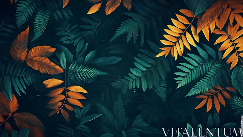 Overlapping teal and orange foliage against dark background.