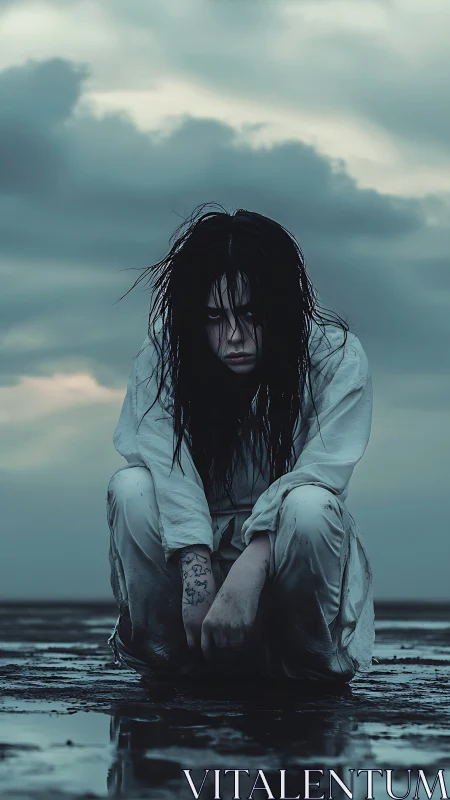 Storm-drowned girl crouches on tidal wasteland in eerie hush.