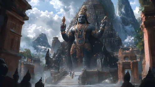 Majestic mountain temple welcomes a towering serene deity