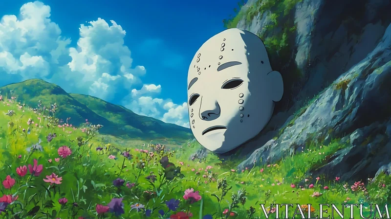 Giant ceremonial mask embedded in rocky hillside above meadow