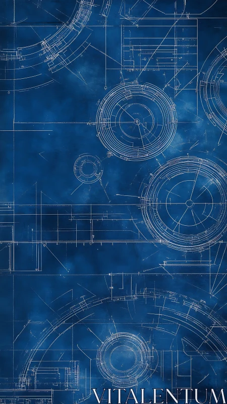 Futuristic circular engineering schematics on blue field.