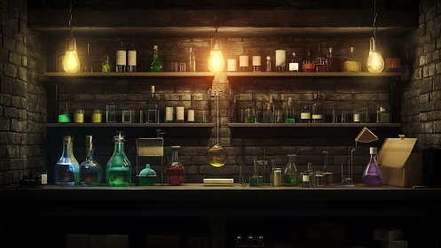 Moody alchemy lab bench glows under warm hanging bulbs