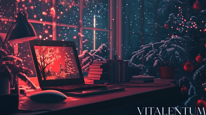 Cozy winter workspace glows with festive digital warmth