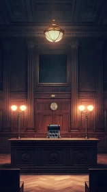 Formal empty courtroom bench with wooden interior design.
