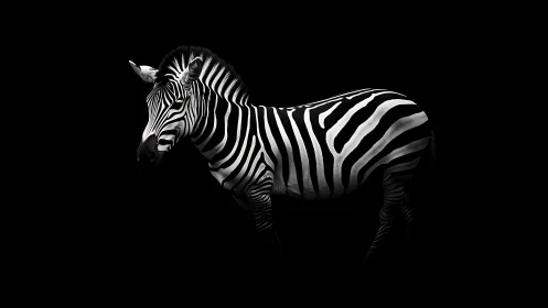 Zebra stands in stark profile under dramatic low key light.