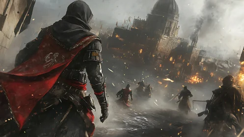 Armored cloaked warrior advances through burning fortified cityscape