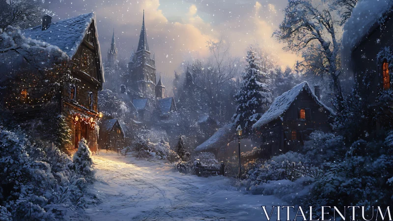 Snowy village lane glows softly with warm winter lights