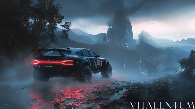 Midnight rally car cuts through mist toward stormy peaks