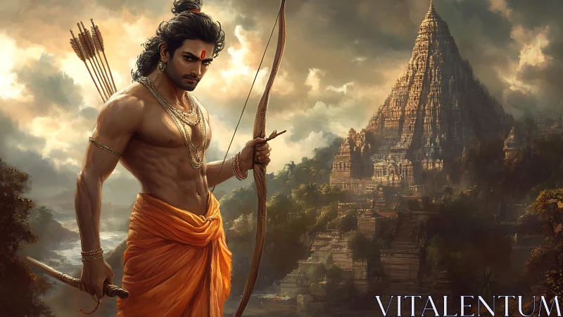 Warrior prince stands guard before mythic temple citadel.