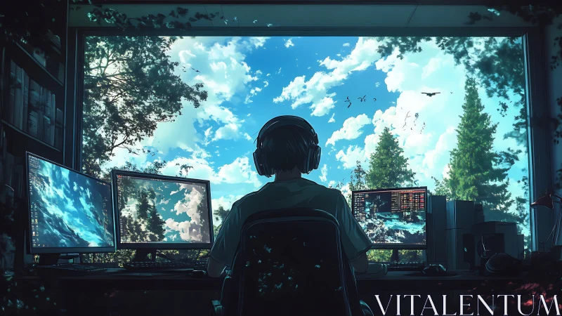 Person at triple-monitor desk facing bright forest window.