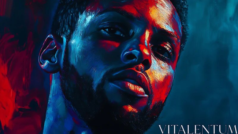 Neon ember portrait bathes a resolute gaze in molten color.