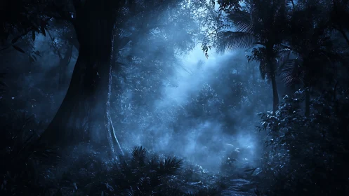 Luminous forest depths bathed in ethereal blue mist.