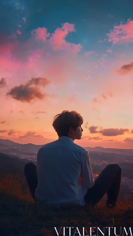 Solitary figure studies luminous pink blue twilight sky.