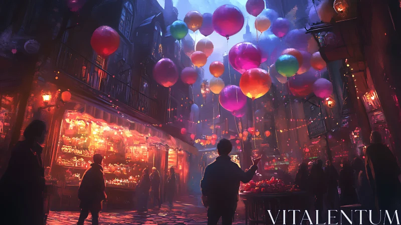 Night market boulevard with luminous balloons and neon haze.