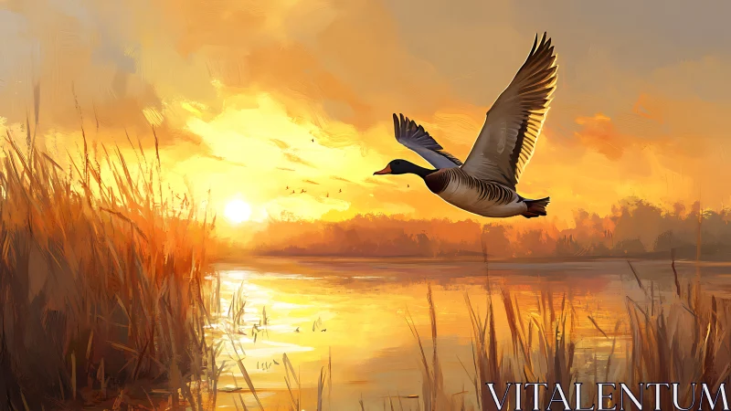 Duck in flight over marsh water at low orange sunset light.