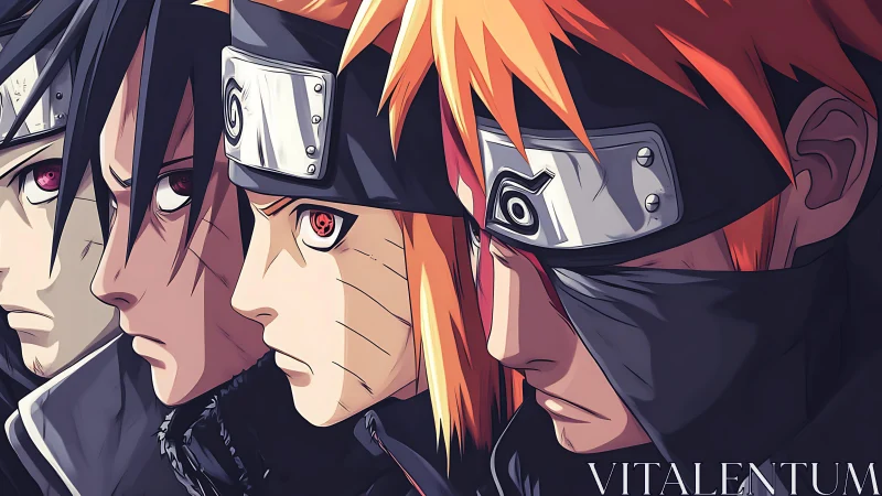 Four intense anime ninjas in close side profile view.