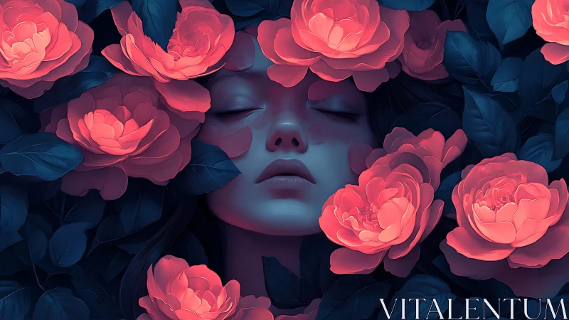 Closed-eyed female face is framed by stylized roses and leaves