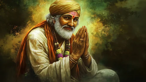 Elderly Indian ascetic in namaste pose, saffron robe, warm light