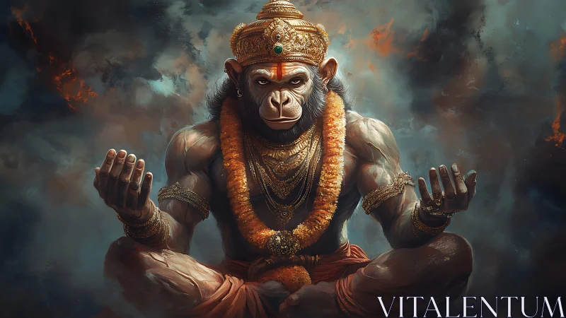 Storm-lit monkey sage floats in molten-calm meditation