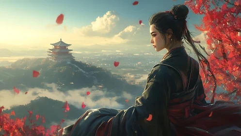 Solitary woman overlooking distant pagoda at sunrise.