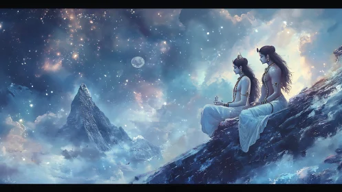 Mountain-top deities pause as galaxies drift past their gaze