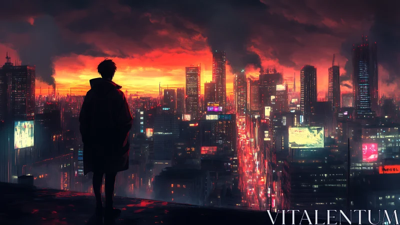 Cyberpunk dusk skyline with silhouetted observer, wide composition.