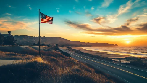 Sunlit coastal highway with American flag under vivid gradient sky