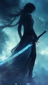 Silhouetted sword-bearing figure stands in diffuse blue haze