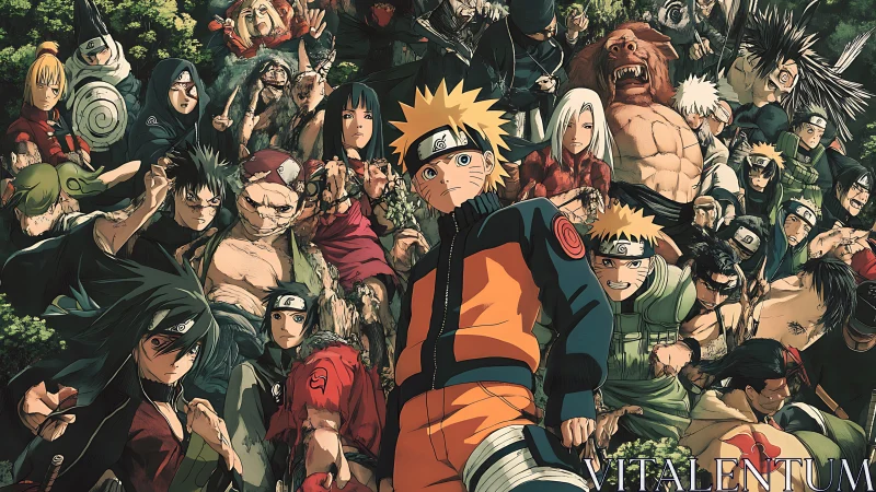 Naruto character ensemble stands in dense forest battle pose