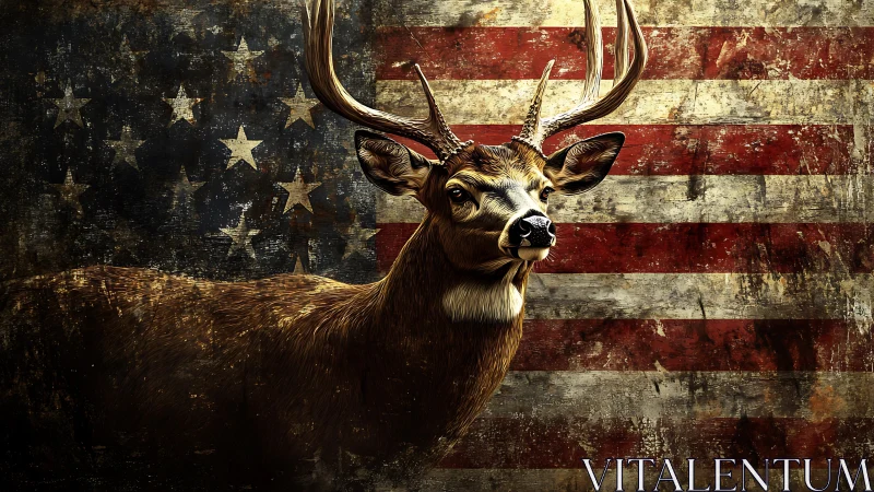 Deer with antlers stands before worn American flag background.