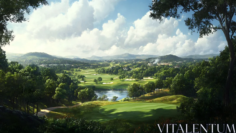 Expansive golf course landscape stretches across rolling valley