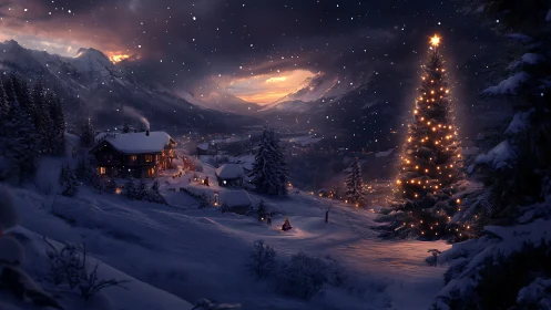Snowy alpine village under glowing Christmas tree lights.