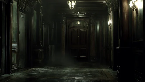 Cinematic low-key render of an ominous neoclassical hallway