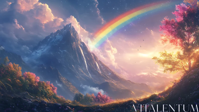 Rainbow arcs over luminous alpine peak at twilight glow.