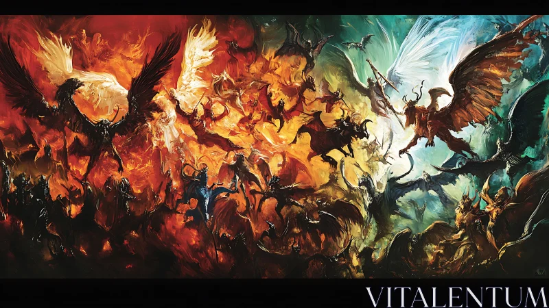 Celestial wings collide in a blazing angelic and demonic war.
