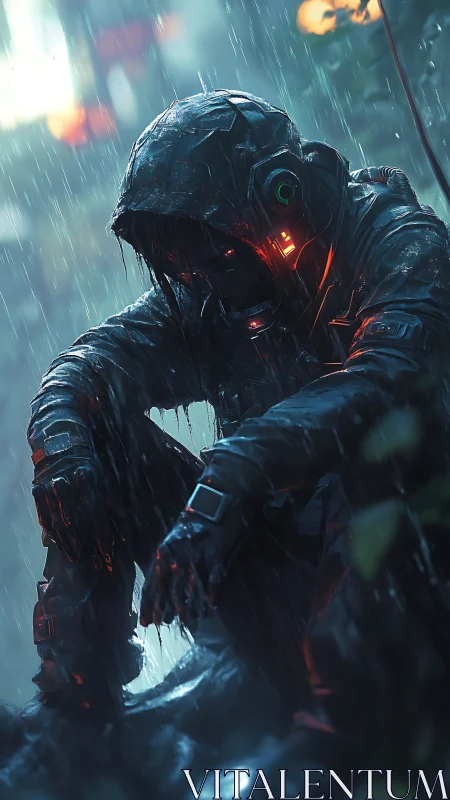 Solitary cybernetic drifter in neon rain-soaked alleyway.