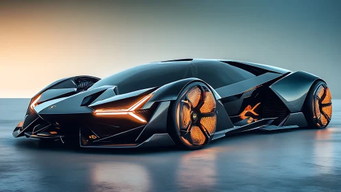 Futuristic electric hypercar with neon aero wheels under studio light