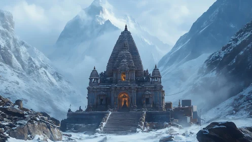 Snowy mountain temple glowing with quiet, welcoming light.
