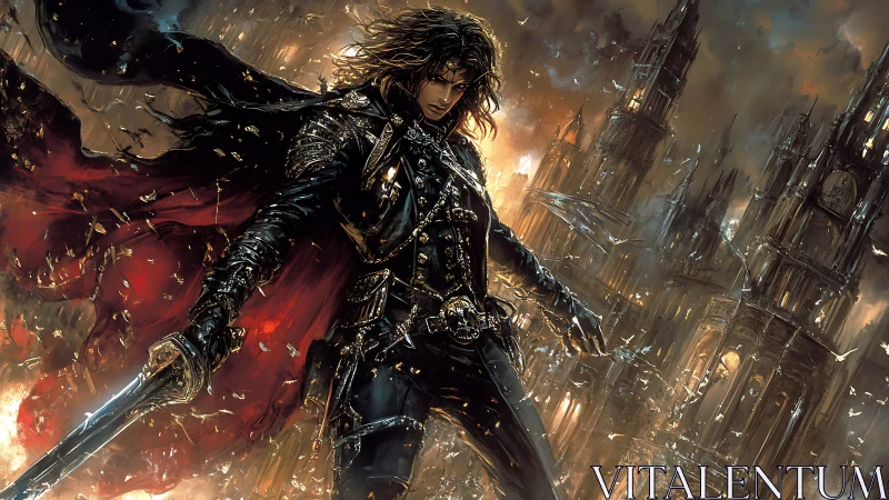 Armored swordsman stands before burning gothic cityscape