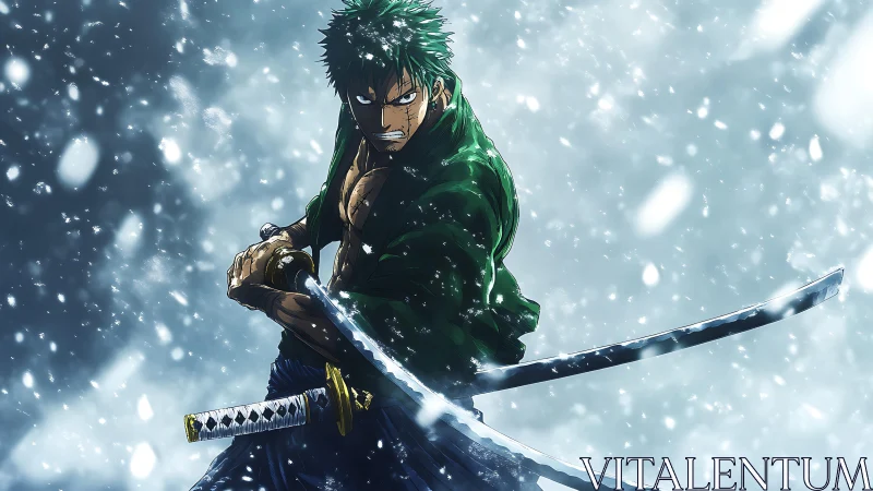 Green-haired swordsman stands ready amid swirling snowfall.