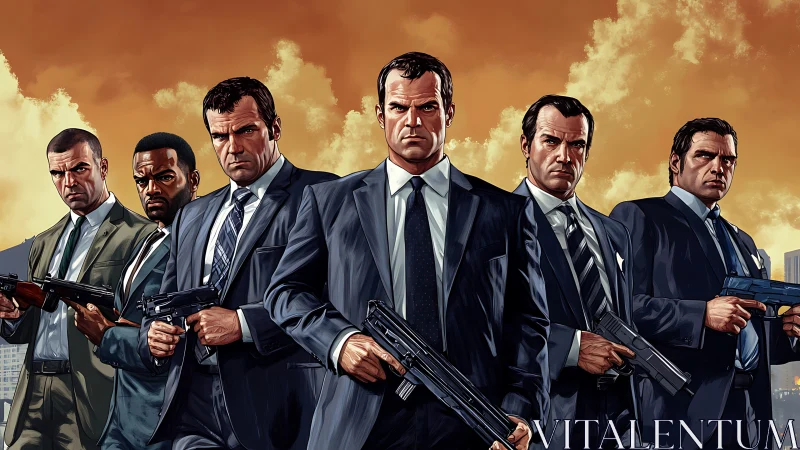 Digital painting lineup of armed suited enforcers at sunset.