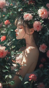 Dreaming girl rests in rose garden dappled with sunlight