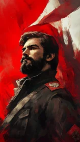 Bearded officer in red uniformed portrait with flag background.