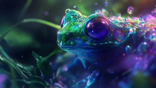Dreamy rainbow frog with luminous eyes in gentle rain.