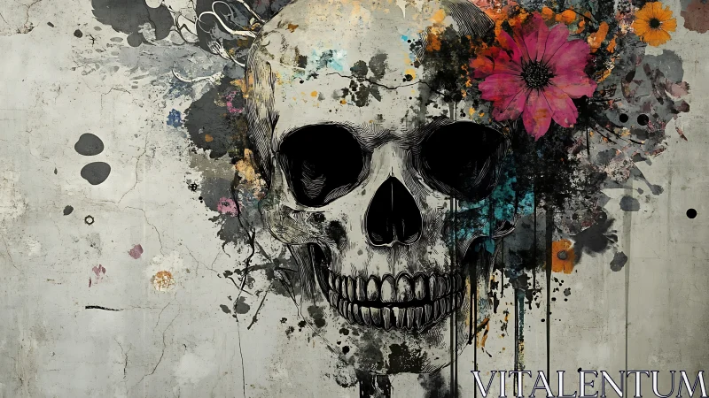 Skull blooms amid splattered flowers and grunge textures.